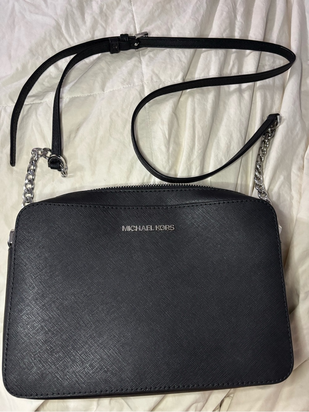 Michael Kors Black Leather Crossbody with Silver Chain Strap